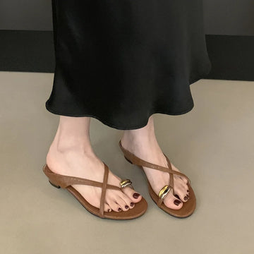 Xajzpa Brand New Women's Slippers Metal Decorations Summer Footwear Fashion Flat Sandals Set Toe Round Head Beach Shoes Mujer